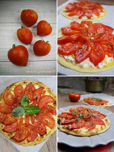 Tarte fine aux tomates (ricotta, cébettes, basilic), pâte à l'huile d'olive
