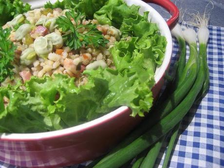 Salade de gourganes, orge et pancetta