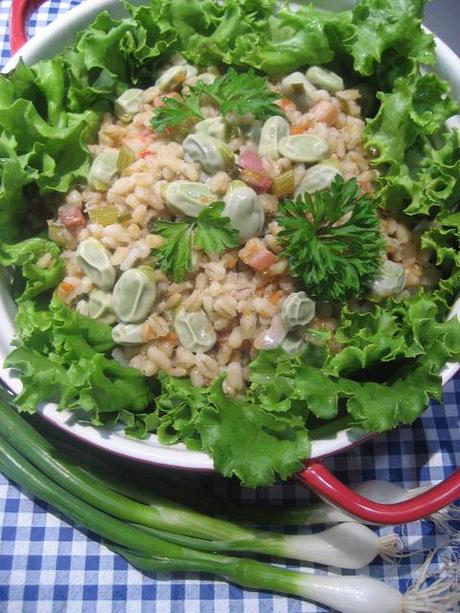 Salade de gourganes, orge et pancetta