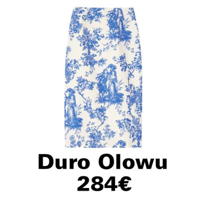 jupe droite à imprimé toile de jouy bleue et blanche