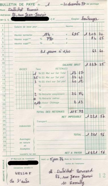 fiche de paie, décembre 1973