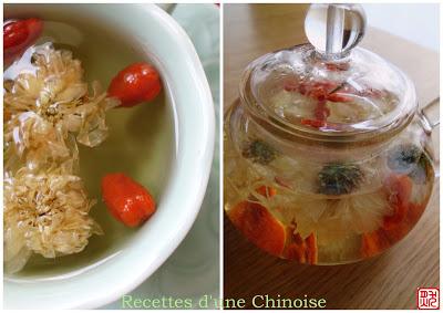 Tisane glacée aux baies de goji et aux fleurs de chrysanthème 枸杞菊花茶  gǒuqí júhuā chá