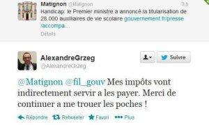 Sur Twitter, le militant UMP @AlexandreGrzeg ne veut pas payer... pour les enfants handicapés, puis s'excuse