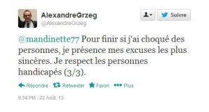 Sur Twitter, le militant UMP @AlexandreGrzeg ne veut pas payer... pour les enfants handicapés, puis s'excuse