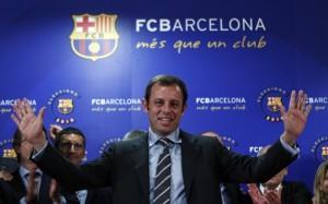 New FC Barcelona's president Sandro Rosell celebrates after winning the elections in Barcelona