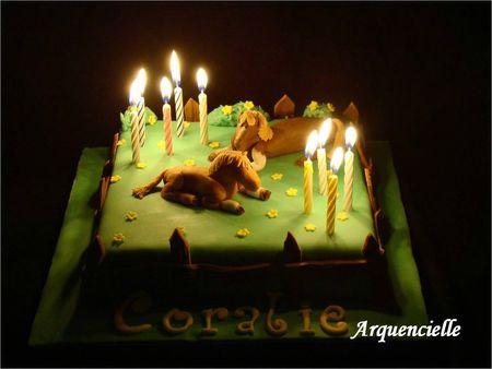 Gâteau cheval dans un pré modelages en pâte à sucre bougies