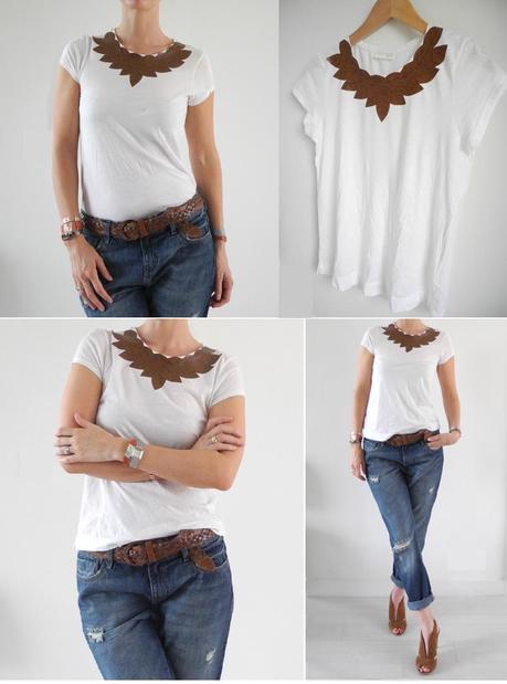 DIY customiser un t-shirt blac avec un encolure feuilles en cuir marron
