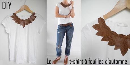 DIY customiserun t-shirt blanc avec des feuilles en cuir marron