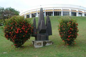 la végétation gêne la lecture de cette sculpture titrée 