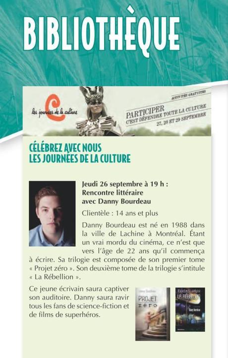 L’auteur Danny Bourdeau rencontrera le public lors d’un événement littéraire qui aura lieu durant les Journées de la culture Téléchargez le bulletin municipal L'Express de Delson, distribué 4 fois l'an à toutes les familles de Delson.