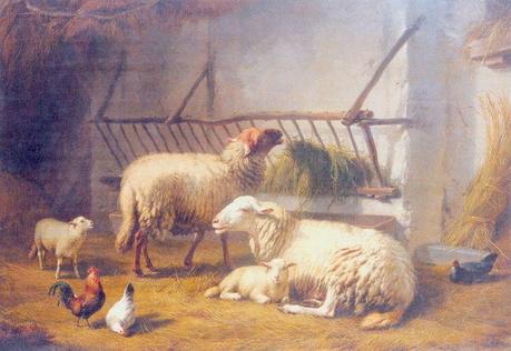 Moutons (dont un brebis roux ardennais) dans leur bergerie (Eugène Verboeckhoven)