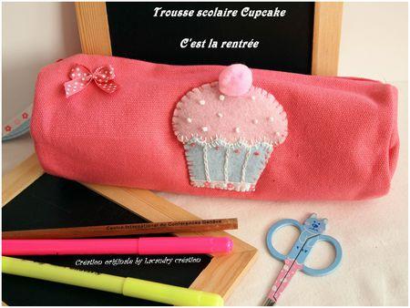trousse scolaire en coton, rose et doublée vichy avec cupcake gourmand en feutrine cousu main lacaudry creation