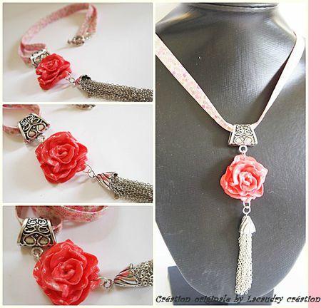 COLLIER ROMANTIQUE ROSE DANS 1 JARDIN rose en PAM CORDON LIBERTY POMPON DE METAL LACAUDRY CREATION