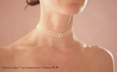 bijoux mariage collier ras de cou en dentelle de calais ivoire fleur de cristal perles véritable modèle unique de créateur made in france pièce unique 