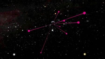 On a représenté sur cette image la vue qu'aurait un observateur à environ 100 années-lumière du Soleil et regardant en direction d'Orion. Les lignes rouges connectent en leur point de convergence le Soleil, à peine visible, et désignent les lieux où se trouvent les naines brunes Y de Wise et Spitzer.