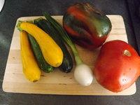 Spaghetti aux poivrons, aubergines,tomates et pancetta