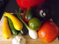 Spaghetti aux poivrons, aubergines,tomates et pancetta