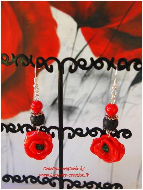 boucles d'oreilles coquelicot wepam, perle de corail et de lave lacaudrycreation 1