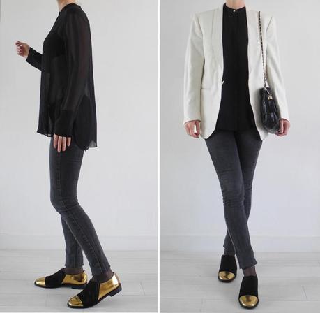 Look masculin féminin - veste blanche d'homme, chemise noire transparente, slippers noirs et dorés et sac Chanel vintage