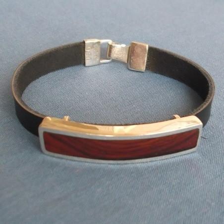 bois précieux incrusté sur coffret d'argent avec bracelet de cuir naturel