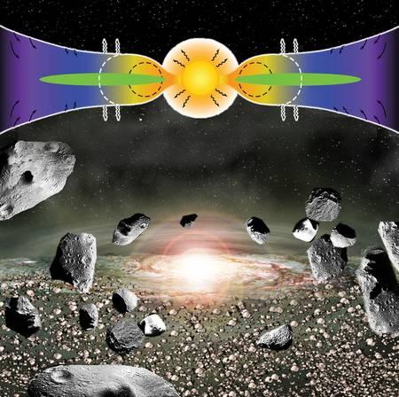 Une vue d'artiste de l'époque où le Soleil était encore une protoétoile tirant son énergie de la seule contraction gravitationnelle. Un disque protoplanétaire (en vert) l'entourait, alimenté par la chute de gaz et de poussières issus de la nébuleuse protosolaire (en bleu avec des flèches noires). Le Soleil était alors en phase T Tauri et émettait donc un intense rayonnement ultraviolet. C'est à cette époque, pendant les premiers millions d'années de l'histoire du Système solaire, que nombre d'astéroïdes ont subi un chauffage important.