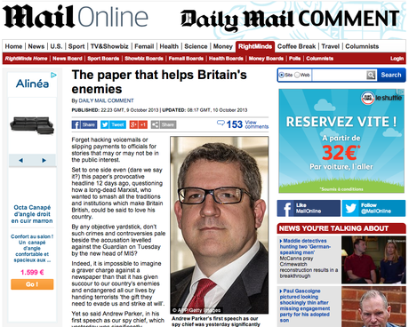Éditorial du Daily Mail, accusant le Guardian de travailler pour les terroristes