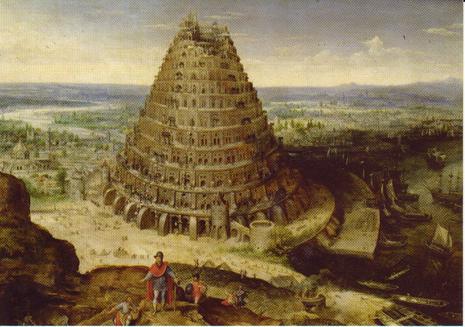 reproduction de la peinture de Lucas Van Valckenborgh, la tour de babel avec Nimrod au premier plan