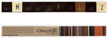 Une reglette en chocolat formant le mot Chocofoliz de chez Darcis