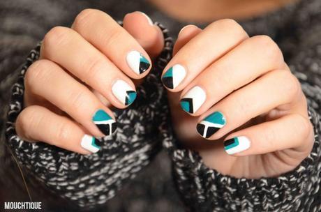 Blog Beauté Nail Art 2012 2013 Drôle de Mouchtique - tendance mode vernis polish - ongles kure bazaar bio 5free 3free art géométrie vert blanc noir