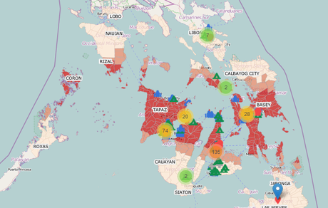 Comment aider les victimes du typhon aux Philippines The govenrment's disaster mitigation and response map. The red areas are the most affected provinces in the Visayas.