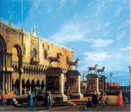 Giovanni Antonio Canal detto Canaletto, Capriccio con i cavalli della Basilica di San Marco posti sulla piazzetta