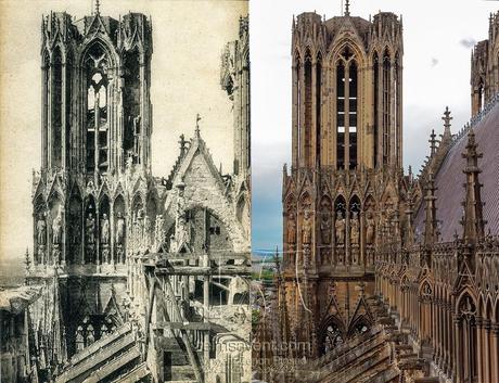 La tour sud de la cathédrale de Reims, vue du croisillon, après la guerre