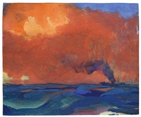 Emil Nolde (German, 1867-1956), Meer mit rotem Abendhimmel (Am Horizont ein qualmender Dampfer), [Mer, ciel de soir rouge (un vapeur fumant à l'horizon)], 1945/46. aquarelle, 22.7 x 27.4 