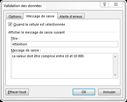 Validation des données - Message de saisie