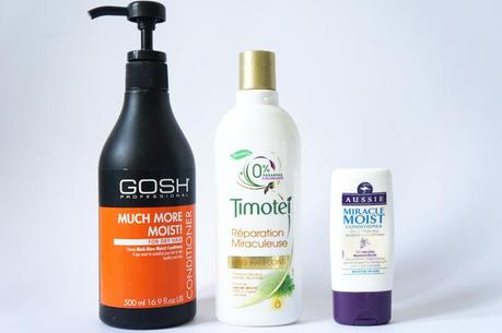 Routine cheveux longs Après shampoing Gosh Much more moist - Timotei réparation miraculeuse - Aussie Miracle Moist test avis