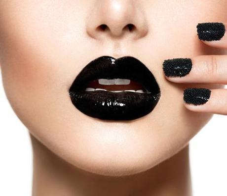 Trendy Black Caviar Manicure and Black Lips. Fashion Makeup