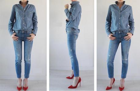 Look tout jeans avec un jeans cigarette clair, une chemise en chambray et des escarpins pointus rouges