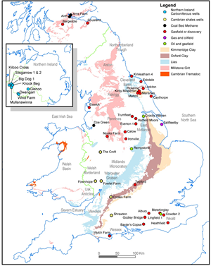 Outcrop of main black shale formations in UK and selected oil and gas wells and gasfields.