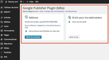 Capture d’écran 2014 01 17 à 07.00.10 4 Google offre un plugin qui vous aide à gérer la publicité et à valider votre site Wordpress