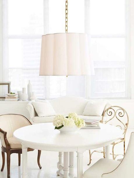 Suzie: Summer House Style - Chic white dining room design with Barbara Barry scallop pendant, ...