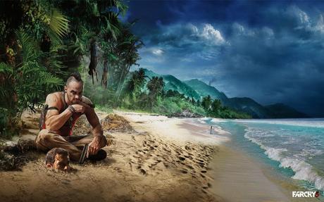 Vaas du jeu Far Cry 3 sur la plage à côté d'une tête enterrée