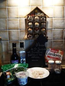 Noix de St Jacques et lardons poêlés à la crème