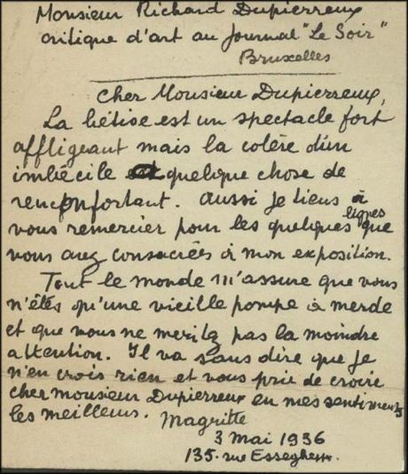 Lettre de Magritte à Richard Dupierreux, critique d’art