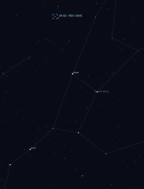 Position de la galaxie M82 dans le ciel. Début de soirée d'hiver vers fin janvier en France. Crédit image : Stellarium