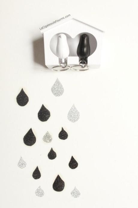 oiseaux, maison porte-clés, noir, blanc, design