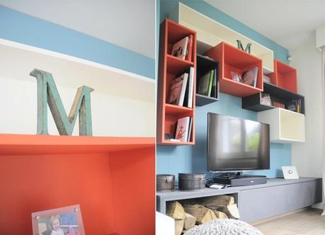 Une grande pièce à vivre réveillée bibliothèque cube sur mersure