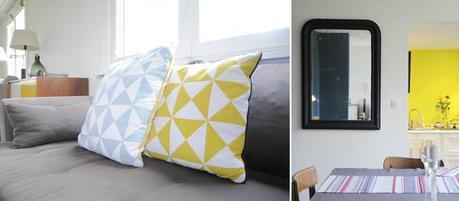 Une grande pièce à vivre réveillée harmonie jaune et bleu