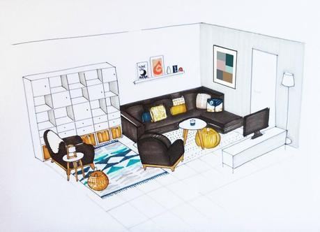 Une pièce à vivre en Isère croquis salon