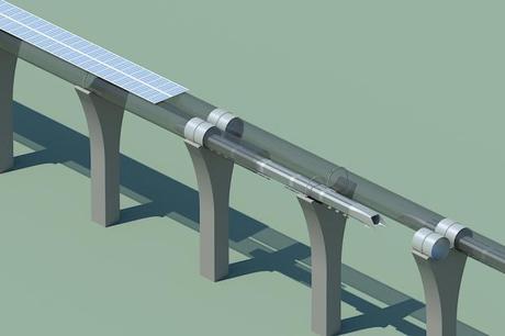 Hyperloop capsule in tube cutaway with attached solar arrays.