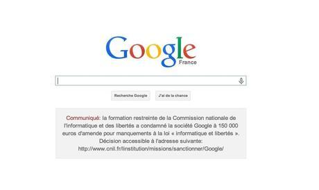 Google.fr a publié l'annonce de la sanction de la CNIL en Home